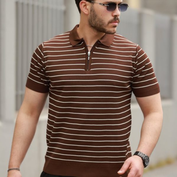 Erkek Fermuar Yakalı çizgili Kısa Kollu T-shirt