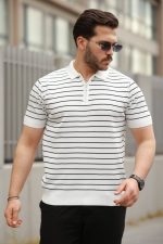 Erkek Fermuar Yakalı çizgili Kısa Kollu T-shirt