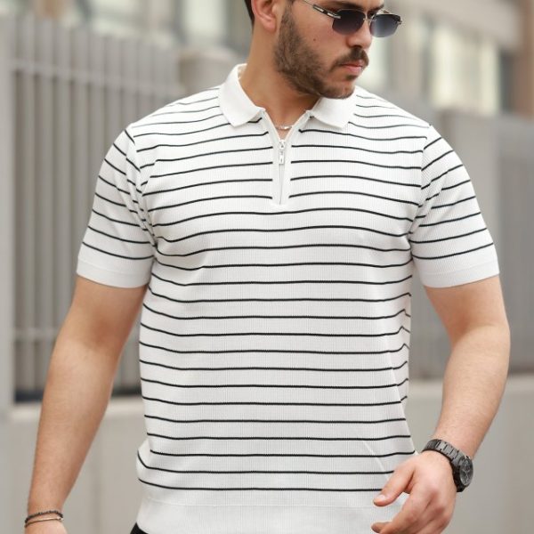 Erkek Fermuar Yakalı çizgili Kısa Kollu T-shirt