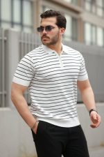 Erkek Fermuar Yakalı çizgili Kısa Kollu T-shirt - Görsel 2
