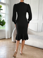 Kadın Uzun Kollu Yarı Balıkçı Yaka Etek Ucu Fırfır Detaylı Midi Ithal Krep Elbise - Görsel 2