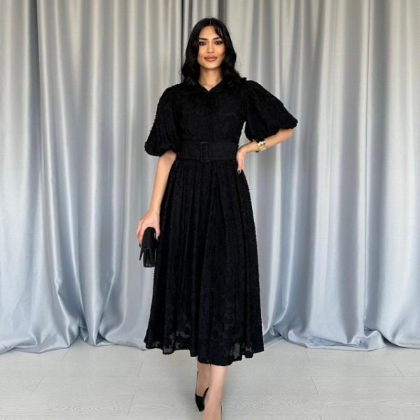 Siyah Kemerli Balon Kollu Elbise