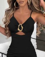 Kadın Ip Askılı Toka Detaylı Yırtmaçlı Janjan Krep Elbise - Görsel 2