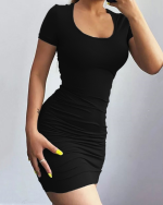 Kadın Kısa Kollu Bel çapraz Detay Dekolteli Eteği Büzgülü Sandy Mini Elbise - Görsel 2