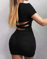 Kadın Kısa Kollu Bel çapraz Detay Dekolteli Eteği Büzgülü Sandy Mini Elbise - Görsel 3