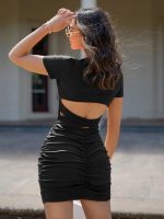 Kadın Kısa Kollu Bel çapraz Detay Dekolteli Eteği Büzgülü Sandy Mini Elbise - Görsel 5