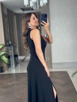 Kadın Askılı V Yakalı Yırtmaçlı Viskon Elbise - Görsel 5