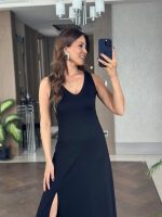 Kadın Askılı V Yakalı Yırtmaçlı Viskon Elbise - Görsel 9