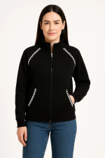 Oversize Dik Yaka Fermuarlı Sweatshirt - Zincir Nakışli Kanguru Cepli,