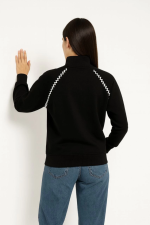Oversize Dik Yaka Fermuarlı Sweatshirt - Zincir Nakışli Kanguru Cepli, - Görsel 2