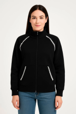 Oversize Dik Yaka Fermuarlı Sweatshirt - Zincir Nakışli Kanguru Cepli, - Görsel 3