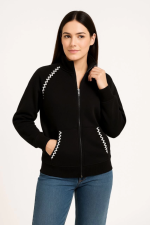 Oversize Dik Yaka Fermuarlı Sweatshirt - Zincir Nakışli Kanguru Cepli, - Görsel 4