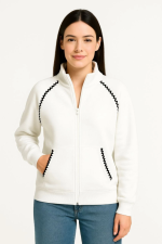 Oversize Dik Yaka Fermuarlı Sweatshirt - Zincir Nakışli Kanguru Cepli,