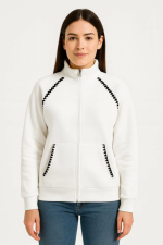 Oversize Dik Yaka Fermuarlı Sweatshirt - Zincir Nakışli Kanguru Cepli, - Görsel 2