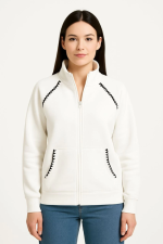 Oversize Dik Yaka Fermuarlı Sweatshirt - Zincir Nakışli Kanguru Cepli, - Görsel 3