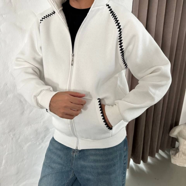 Erkek Oversize Dik Yaka Fermuarlı Sweatshirt - Zincir Nakışli Kanguru Cepli