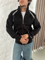 Erkek Oversize Dik Yaka Fermuarlı Sweatshirt - Zincir Nakışli Kanguru Cepli