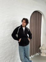 Erkek Oversize Dik Yaka Fermuarlı Sweatshirt - Zincir Nakışli Kanguru Cepli - Görsel 2