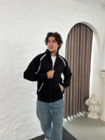 Erkek Oversize Dik Yaka Fermuarlı Sweatshirt - Zincir Nakışli Kanguru Cepli - Görsel 3