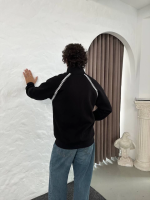 Erkek Oversize Dik Yaka Fermuarlı Sweatshirt - Zincir Nakışli Kanguru Cepli - Görsel 4