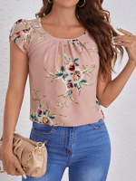 Kadın Kısa Kollu Bisiklet Yaka çiçek Baskılı Süprem Bluz - Görsel 5