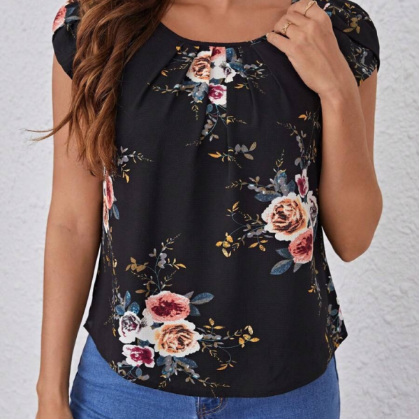 Kadın Kısa Kollu Bisiklet Yaka çiçek Baskılı Süprem Bluz