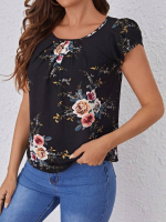 Kadın Kısa Kollu Bisiklet Yaka çiçek Baskılı Süprem Bluz - Görsel 4