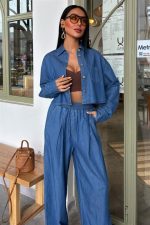 Denim Gömlek Plazzo Pantolon Takım 10163-08 - Görsel 3