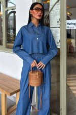 Denim Gömlek Plazzo Pantolon Takım 10163-08 - Görsel 5