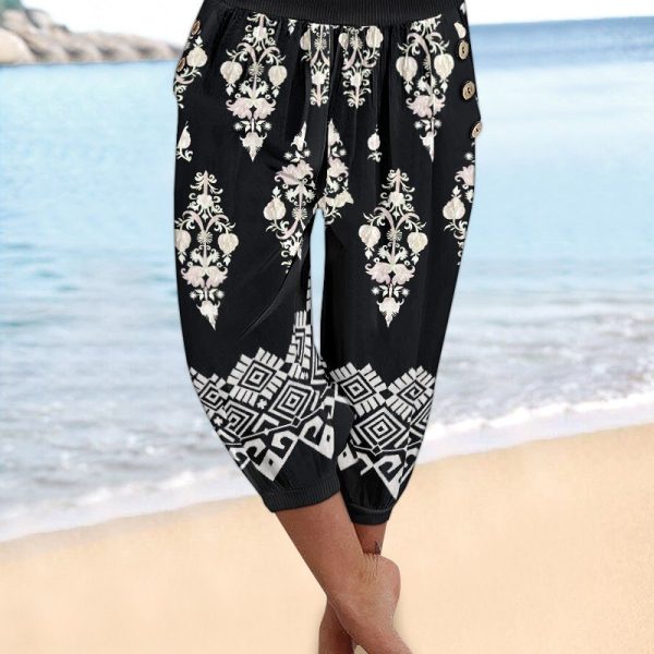 Kadın Beli Lastikli Etnik Desenli Kapri Süprem Pantolon