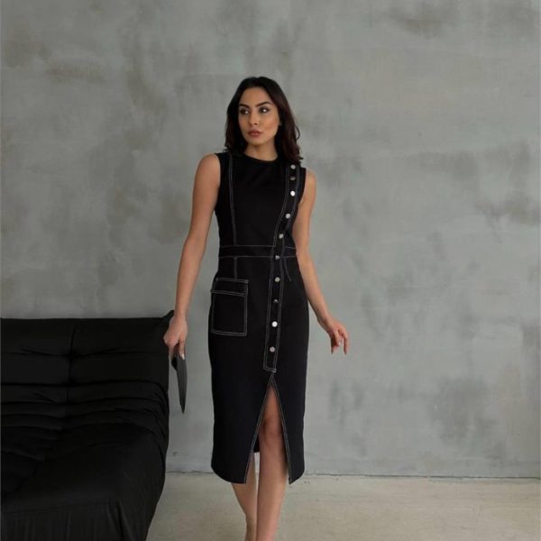 GABARDİN KALEM ELBİSE DÜĞME VE YIRTMAÇ DETAYLI