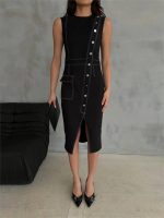 GABARDİN KALEM ELBİSE DÜĞME VE YIRTMAÇ DETAYLI - Görsel 2