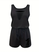 Kadın Askılı Yuvarlak Yaka Lazer Kesim Detaylı Bağcıklı Kısa Viskon Tulum - Görsel 4