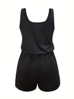 Kadın Askılı Yuvarlak Yaka Lazer Kesim Detaylı Bağcıklı Kısa Viskon Tulum - Görsel 5