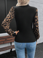 Kadın Uzun Kollu Yarı Balıkçı Yaka Leopar Detaylı Kaşkorse Bluz - Görsel 4