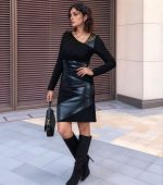 Kadın Uzun Kollu Asimetrik Yaka Süet Ve Deri Mini Boy Elbise - Görsel 2