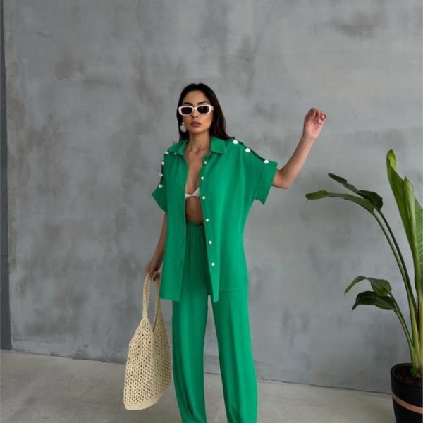 OMUZ MİDYE SIRALI BLUZ - PAÇA PENSLİ PANTOLON TAKIM