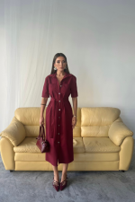 TENCEL ÖNDEN DÜĞMELİ KISA KOL ELBİSE