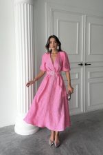 Pembe Işıltılı Kemerli Kruvaze Elbise