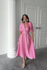 Pembe Işıltılı Kemerli Kruvaze Elbise - Görsel 2
