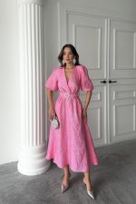Pembe Işıltılı Kemerli Kruvaze Elbise - Görsel 3