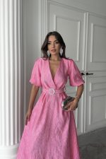 Pembe Işıltılı Kemerli Kruvaze Elbise - Görsel 4