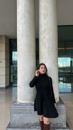 Kadın Uzun Kollu Balıkçı Yaka Salaş Kusa Akrilik Elbise - Görsel 5