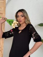 Kadın Truvakar Kol çiçek Desenli Tül Kol Bisiklet Yaka çiçek Desen Sandy Salaş Kısa Elbise - Görsel 3