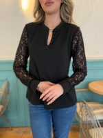 Kadın Uzun Kollu Kolları Dantelli Hakim Yaka Krep Bluz - Görsel 2