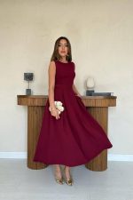 Bordo Halter Yaka Kloş Elbise