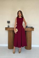 Bordo Halter Yaka Kloş Elbise - Görsel 2