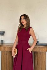 Bordo Halter Yaka Kloş Elbise - Görsel 3