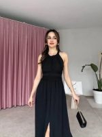 Kadın Krinkil Kumaş Beli Gipeli Halter Yaka Maxi Boy Elbise - Görsel 4