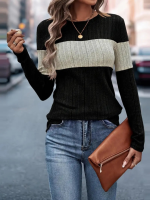 Kadın Uzun Kollu Bisiklet Yaka çift Renkli Triko Bluz - Görsel 4